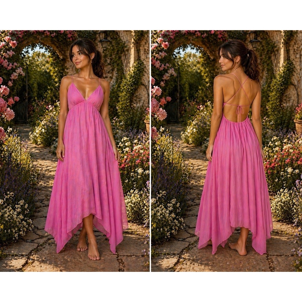 Rebecca Taylor Pink Handkerchief Dress Cotton Silk Open Back Midi Sz 6 Pockets